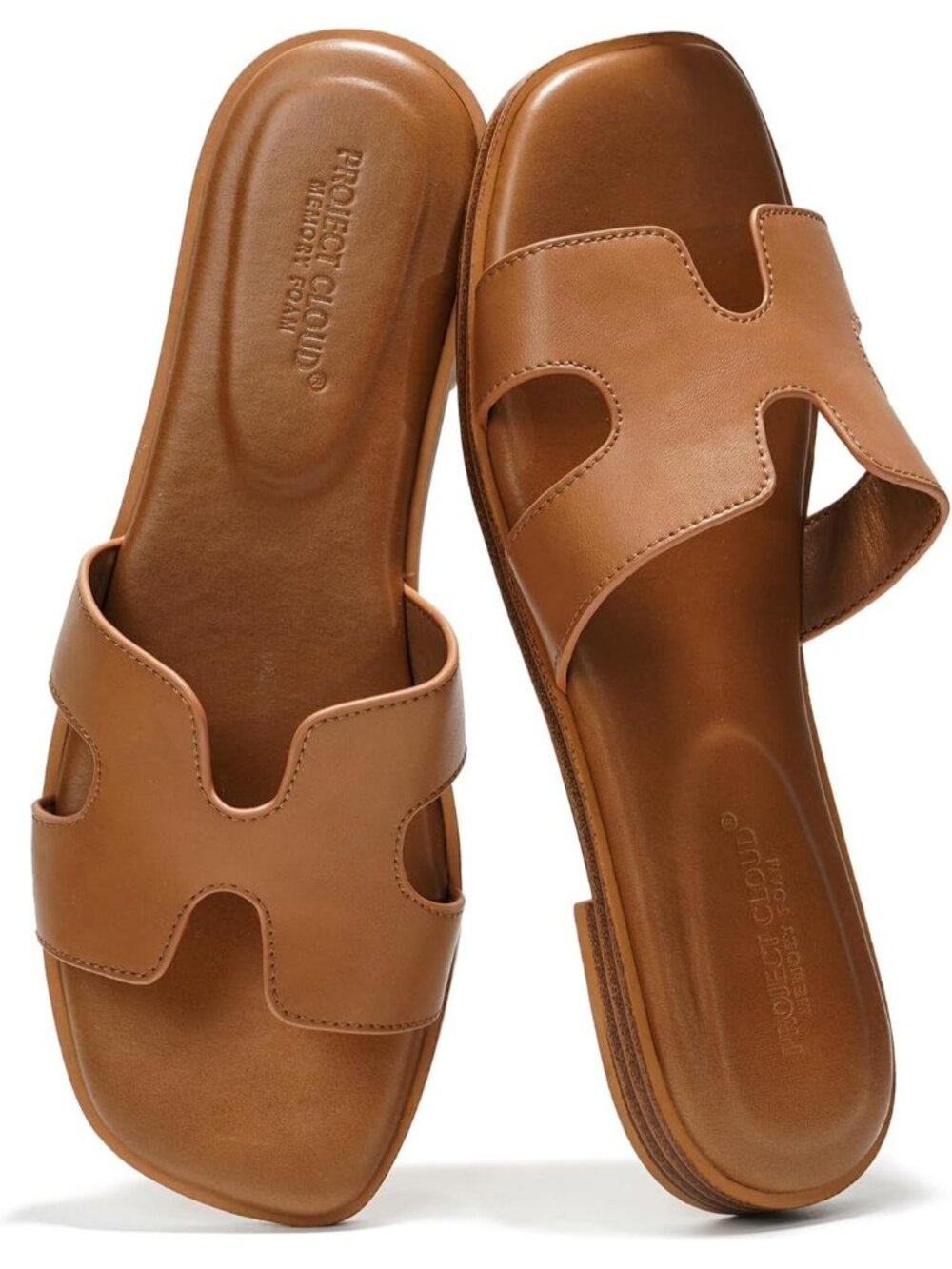 Women's Cognac Genuine Leather Sandals Flat Slides Mules Memory Foam Footwear